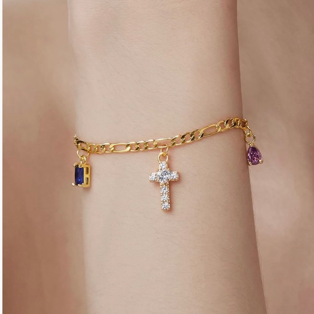 Gold Charm Bracelet with Multicolor Gemstones cross